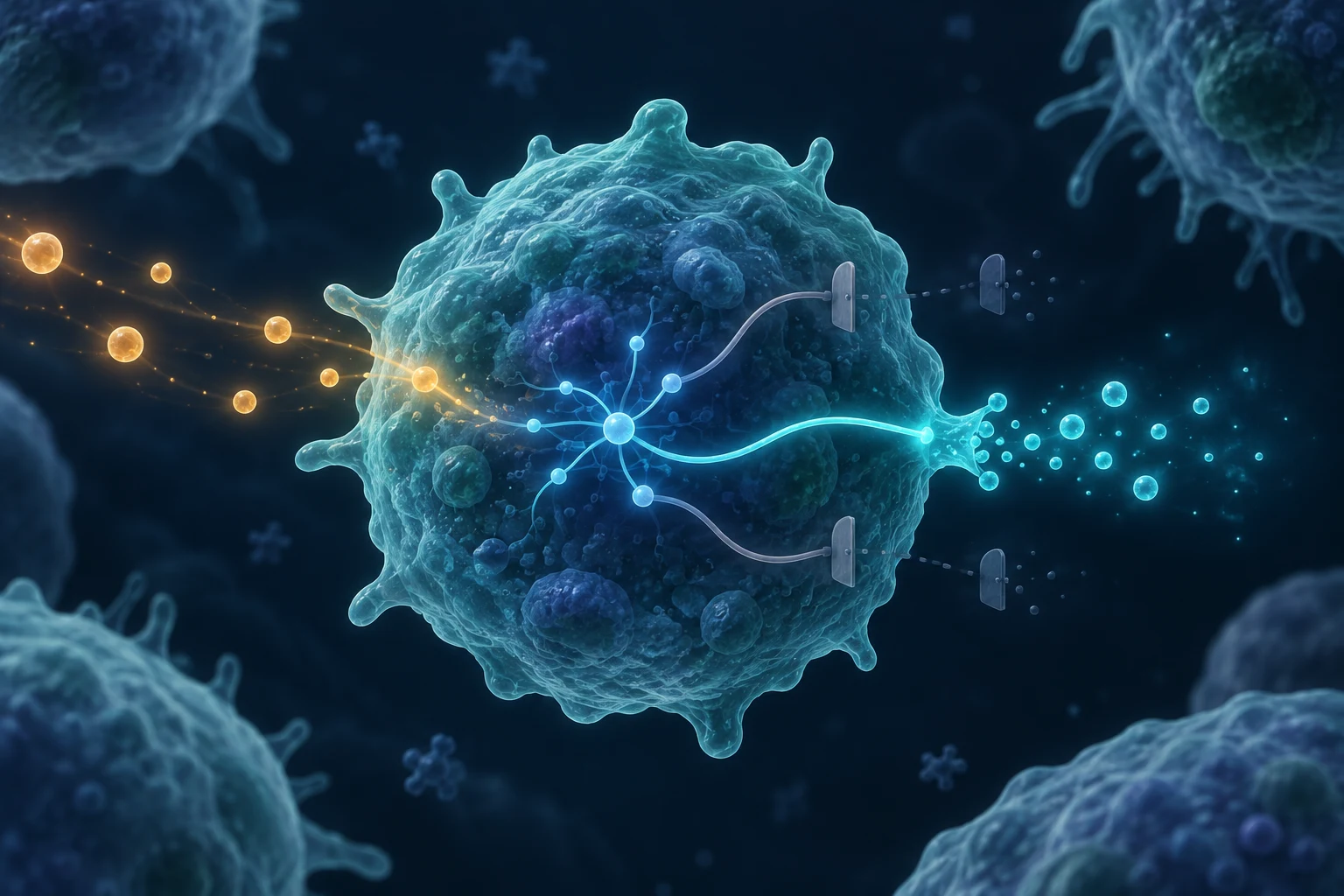 Conceptual cell agent receiving nearby signals and selecting one available response while other response paths are blocked.