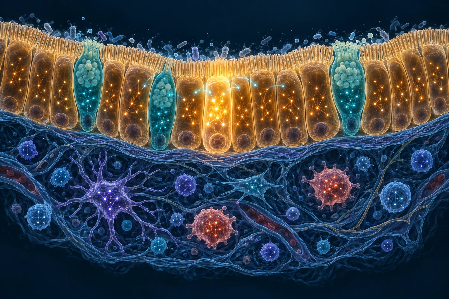 Conceptual gut tissue cutaway: each epithelial and immune cell contains a separate luminous network representing its own AI agent.
